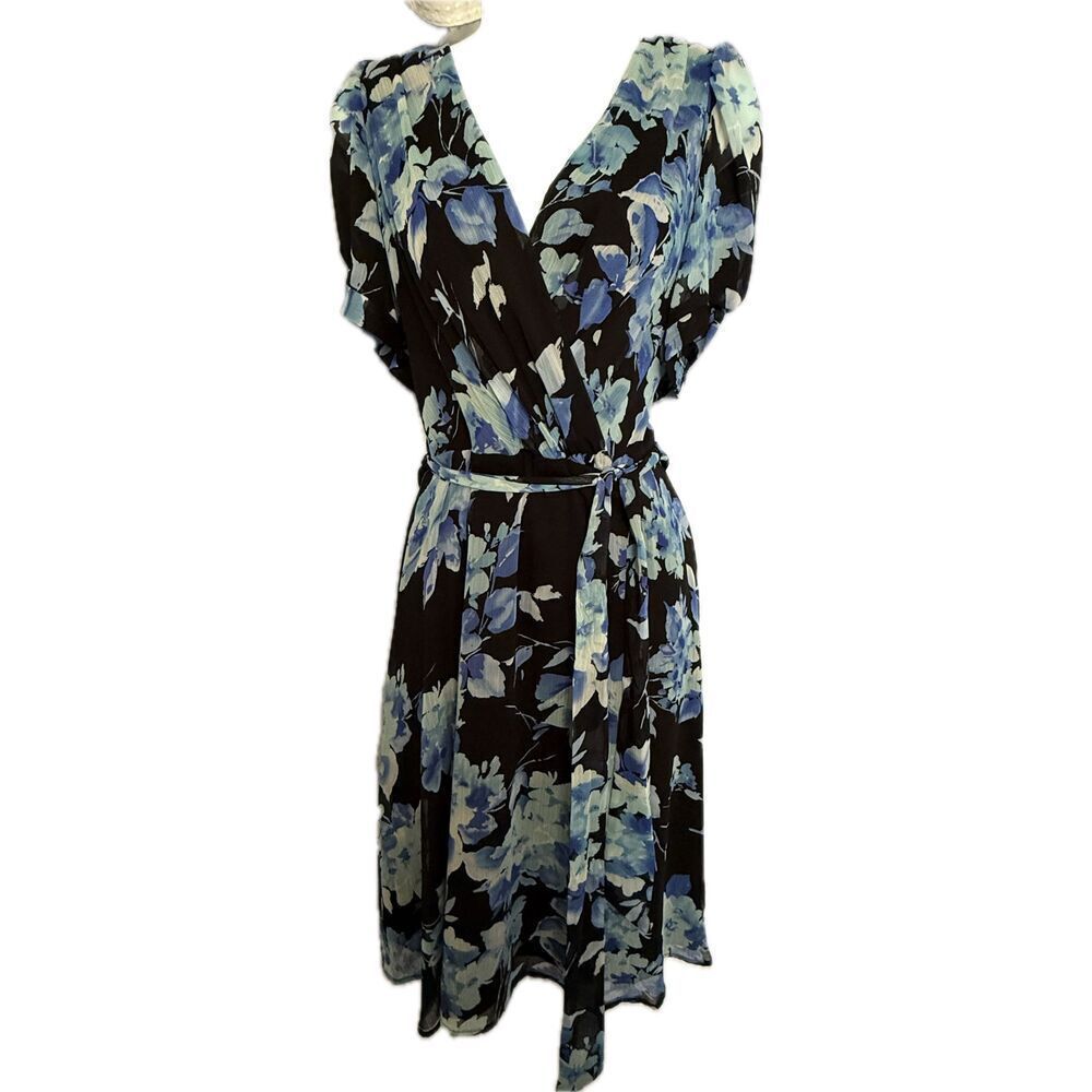 Connected Apparel Blue and Black Floral Dress Women’s Reg Size 12 V729
